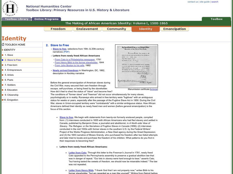 National Humanities Center: Toolbox Library: Slave to Free, Making of African American Identity: V. 1 Primary National Humanities Center: Toolbox Library: Slave to Free, Making of African American Identity: V. 1 Primary