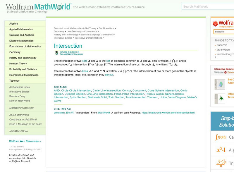 Wolfram Math World: Intersection Handout Wolfram Math World: Intersection Handout