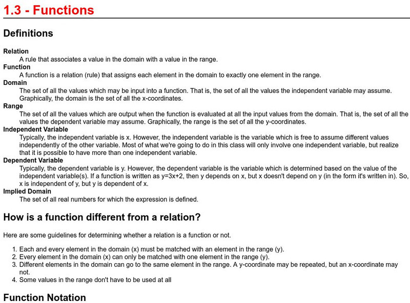 Richland Community College: Functions Handout Richland Community College: Functions Handout