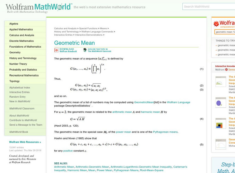 Wolfram Math World: Geometric Mean Handout Wolfram Math World: Geometric Mean Handout