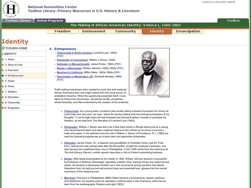 National Humanities Center: Toolbox Library: Entrepreneurs, Making of African American Identity: V. 1 Primary National Humanities Center: Toolbox Library: Entrepreneurs, Making of African American Identity: V. 1 Primary