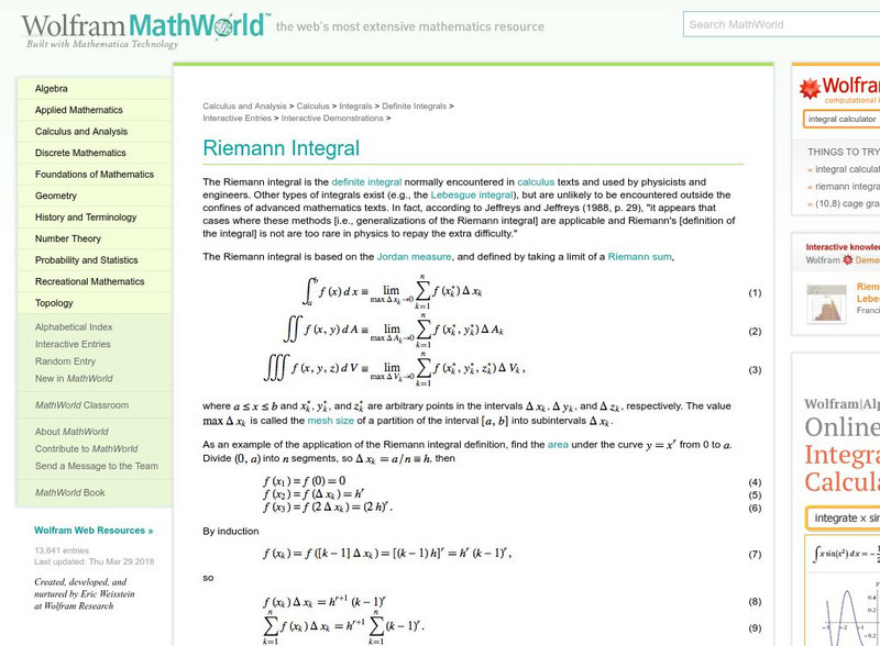 Wolfram Mathworld: Riemann Integral Handout Wolfram Mathworld: Riemann Integral Handout