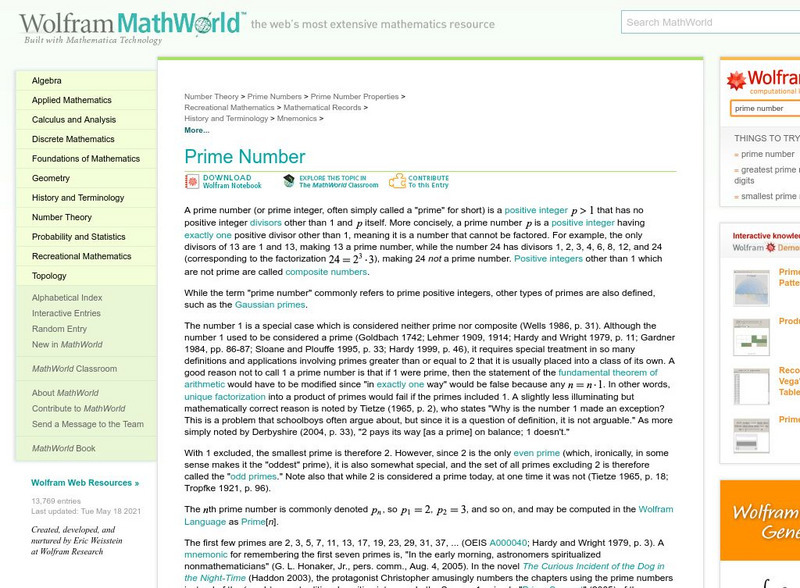 Wolfram Math World: Prime Number Handout Wolfram Math World: Prime Number Handout