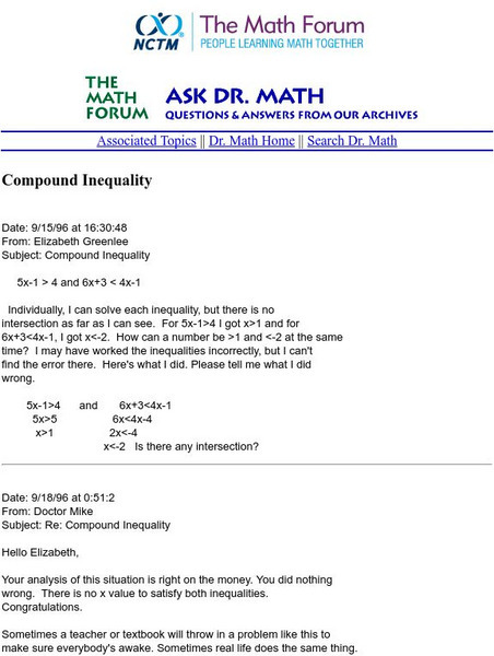 The Math Forum: Ask Dr. Math: Compound Inequality (No Intersection) Unit Plan The Math Forum: Ask Dr. Math: Compound Inequality (No Intersection) Unit Plan