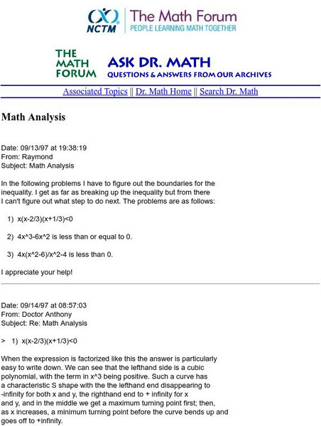 The Math Forum: Ask Dr. Math: Solving Polynomial Inequalities Unit Plan The Math Forum: Ask Dr. Math: Solving Polynomial Inequalities Unit Plan