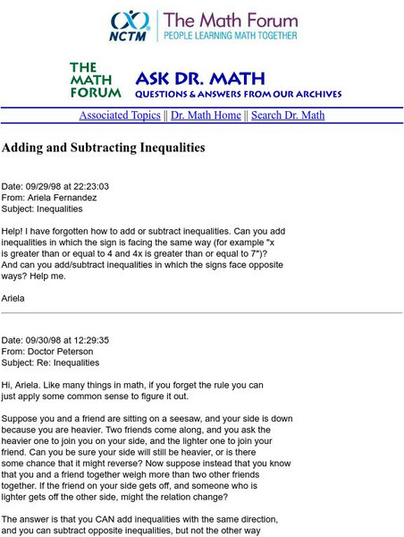 The Math Forum: Ask Dr. Math: Adding and Subtracting Inequaliites Unit Plan The Math Forum: Ask Dr. Math: Adding and Subtracting Inequaliites Unit Plan