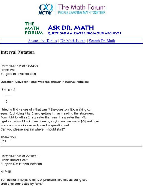 The Math Forum: Ask Dr. Math: Interval Notation Unit Plan The Math Forum: Ask Dr. Math: Interval Notation Unit Plan