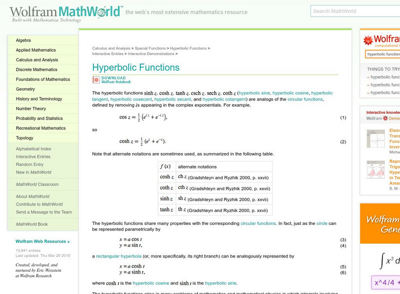 Wolfram Math World: Hyperbolic Functions Handout