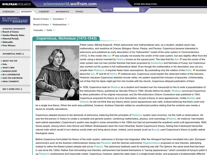 Wolfram Science World: Copernicus, Nicolaus (1473 1543) Website