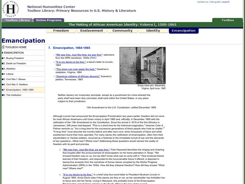 National Humanities Center: Toolbox Library: Emancipation, 1864 1865 Primary