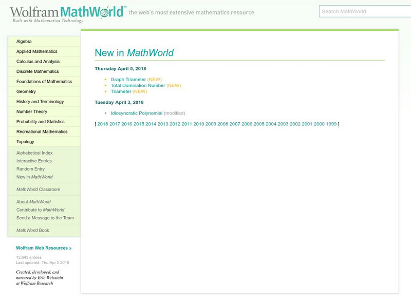 Wolfram Math World: New in Math World Website Wolfram Math World: New in Math World Website