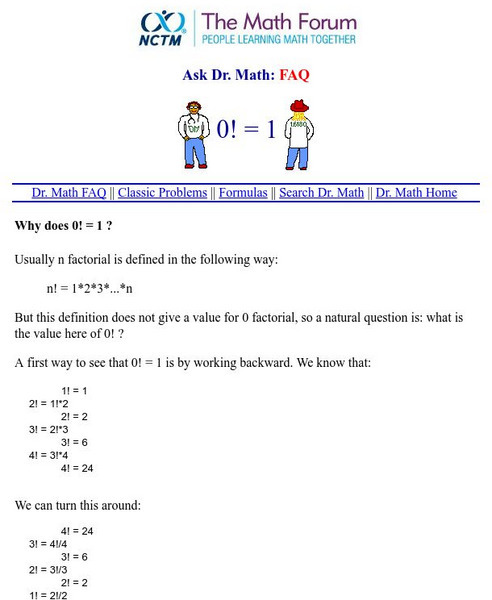 The Math Forum: Why Does 0! = 1? Handout The Math Forum: Why Does 0! = 1? Handout