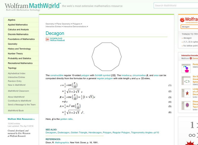 Wolfram Math World: Decagon Unit Plan