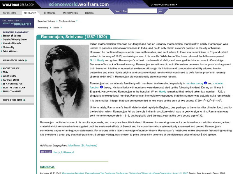Wolfram Science World: Srinivasa Ramanujan Handout Wolfram Science World: Srinivasa Ramanujan Handout