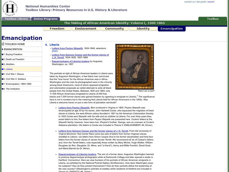 National Humanities Center: Toolbox Library: Emancipation: Liberia, Making of African American Identity: V. 1 Primary National Humanities Center: Toolbox Library: Emancipation: Liberia, Making of African American Identity: V. 1 Primary
