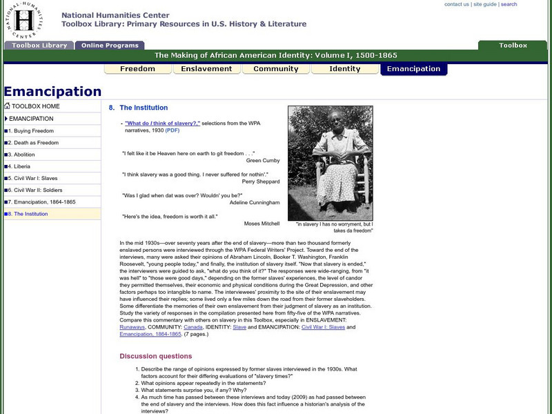 National Humanities Center: Toolbox Library: The Institution, Making of African American Identity: V. 1 Primary National Humanities Center: Toolbox Library: The Institution, Making of African American Identity: V. 1 Primary