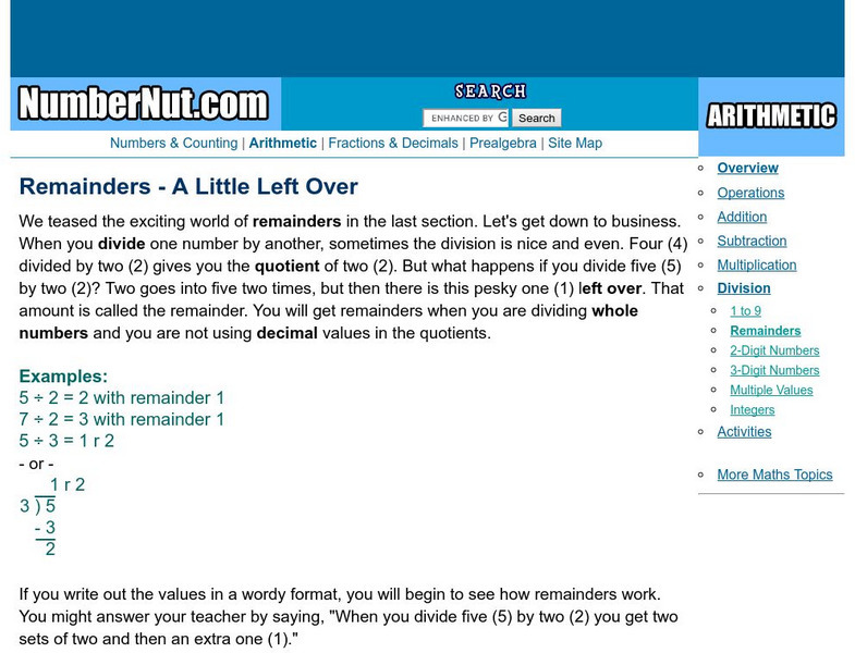 Number Nut: Division: Remainders Activity Number Nut: Division: Remainders Activity