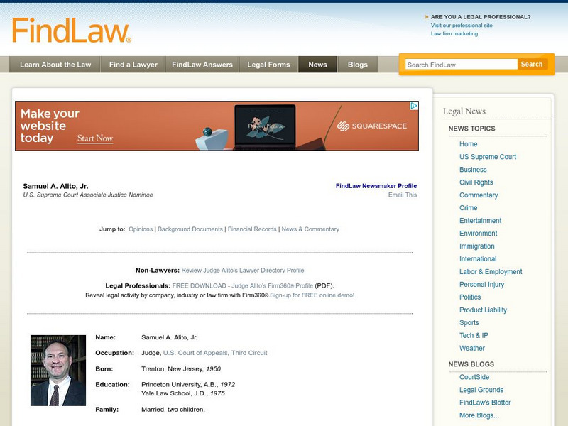 Find Law: Newsmaker Profiles: Samuel A. Alito, Jr. Handout Find Law: Newsmaker Profiles: Samuel A. Alito, Jr. Handout