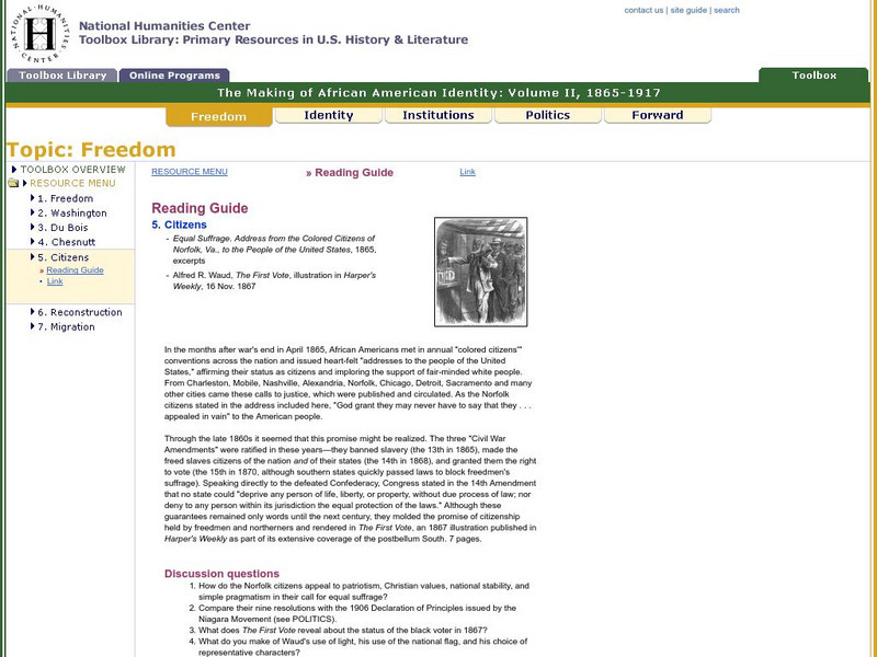 National Humanities Center: Toolbox Library: Citizens: African American Identity: 1865 1917 Unit Plan National Humanities Center: Toolbox Library: Citizens: African American Identity: 1865 1917 Unit Plan