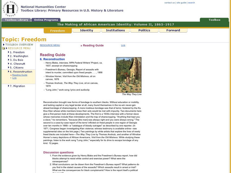 National Humanities Center: Toolbox Library: Reconstruction: African American Identity: 1865 1917 Primary National Humanities Center: Toolbox Library: Reconstruction: African American Identity: 1865 1917 Primary