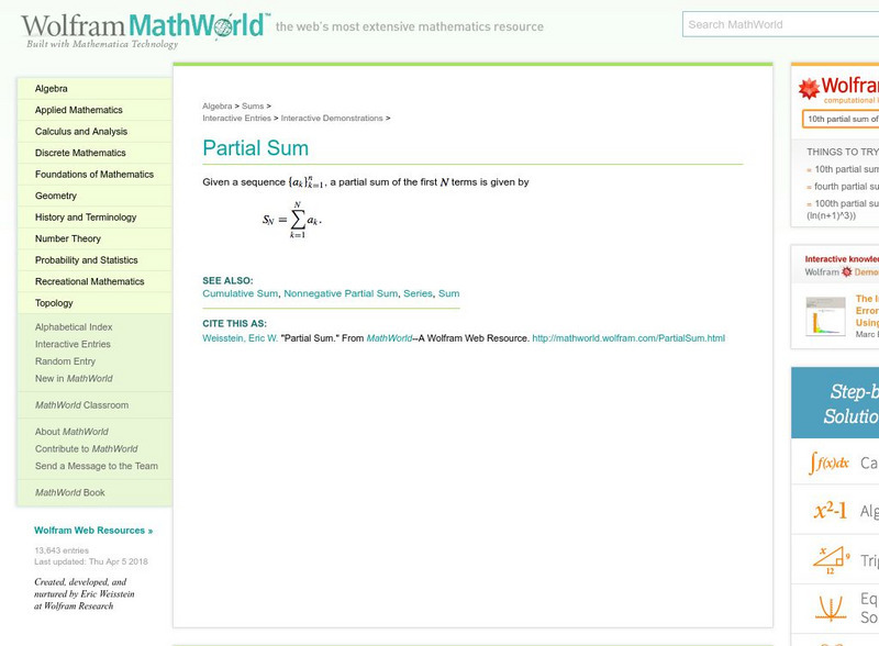 Wolfram Math World: Partial Sum Handout Wolfram Math World: Partial Sum Handout