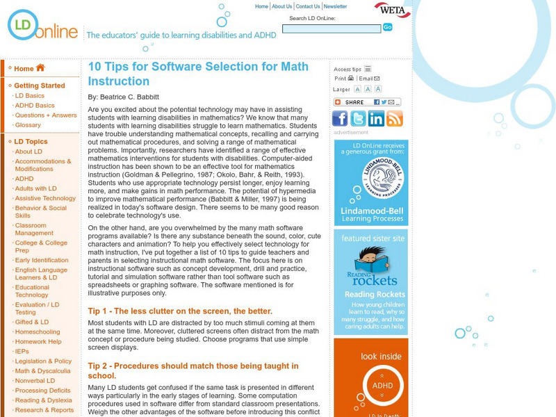 Ld Online: 10 Tips for Software Selection for Math Instruction Article Ld Online: 10 Tips for Software Selection for Math Instruction Article