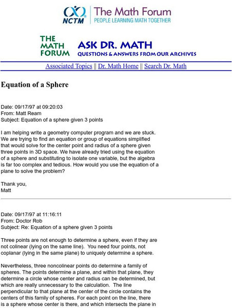 The Math Forum: Ask Dr. Math: Equation of a Sphere Handout The Math Forum: Ask Dr. Math: Equation of a Sphere Handout