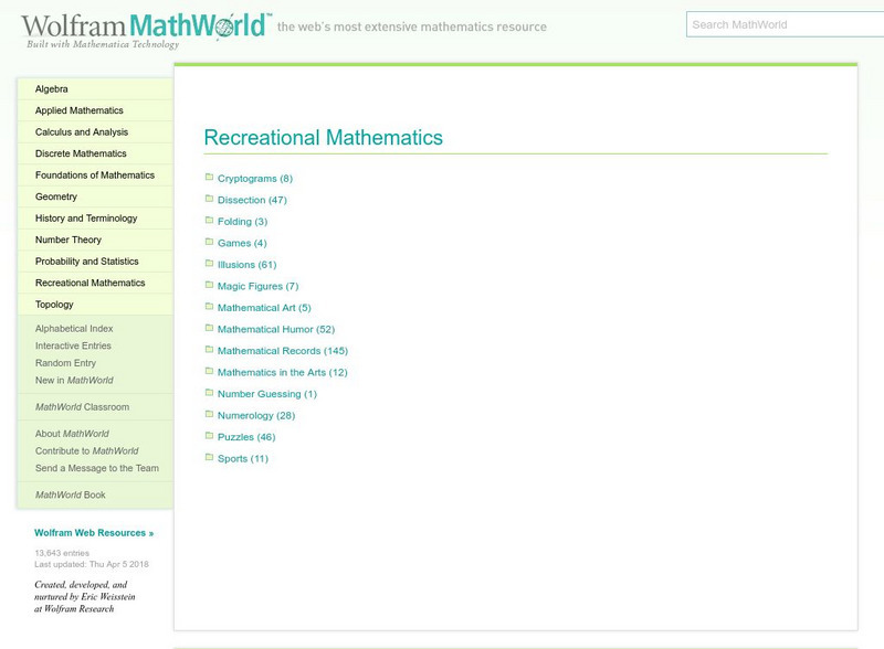 Wolfram Math World: Recreational Mathematics Activity Wolfram Math World: Recreational Mathematics Activity