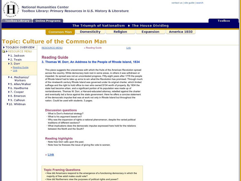 National Humanities Center: Toolbox Library: Thomas W. Dorr, an Address to the People of Rhode Island, 1834 Primary National Humanities Center: Toolbox Library: Thomas W. Dorr, an Address to the People of Rhode Island, 1834 Primary