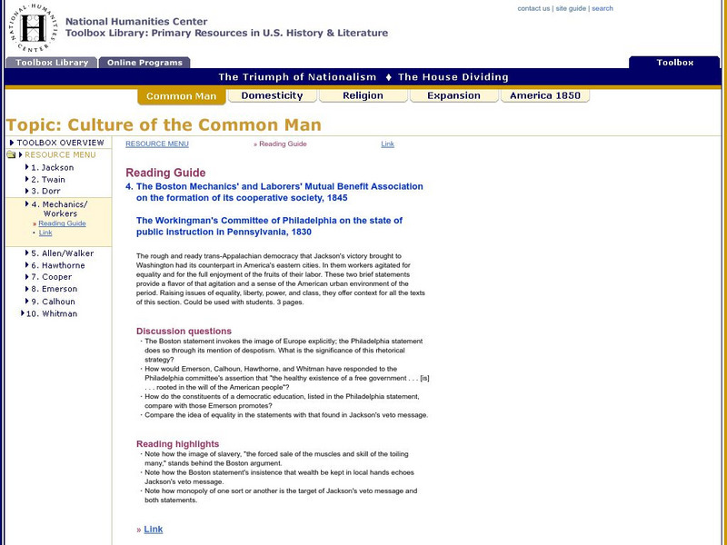National Humanities Center: Toolbox Library: Mechanics/workers, Triumph of Nationalism: America, 1815 1850 Activity National Humanities Center: Toolbox Library: Mechanics/workers, Triumph of Nationalism: America, 1815 1850 Activity