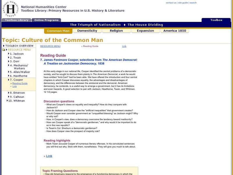 National Humanities Center: Toolbox Library: James F. Cooper: Triumph of Nationalism: America, 1815 1850 Primary National Humanities Center: Toolbox Library: James F. Cooper: Triumph of Nationalism: America, 1815 1850 Primary