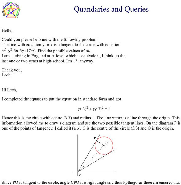 Univeristy of Regina: Math Central: Tangent Lines and Circle Equations Handout Univeristy of Regina: Math Central: Tangent Lines and Circle Equations Handout