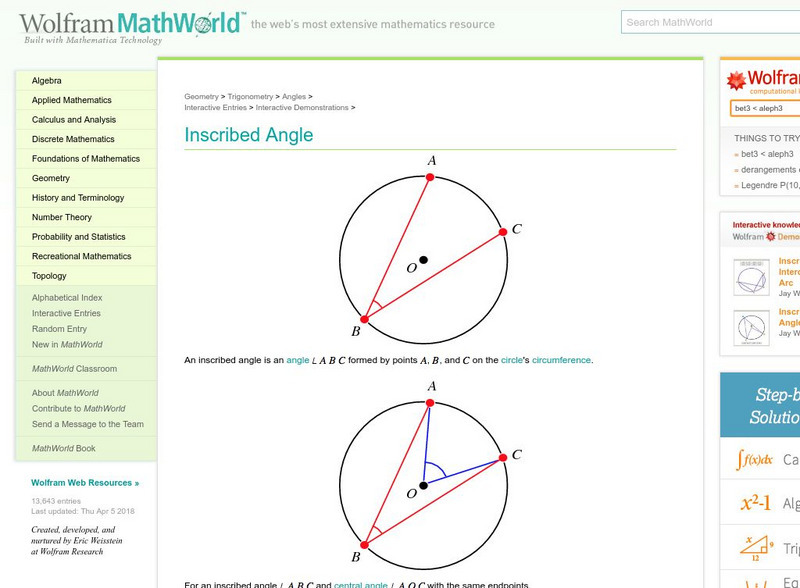 Wolfram Math World: Inscribed Angle Handout Wolfram Math World: Inscribed Angle Handout