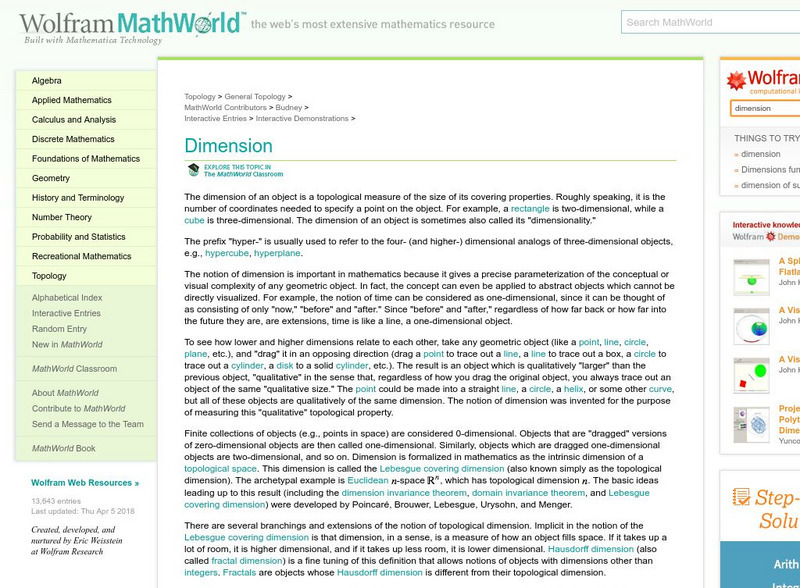 Wolfram Math World: Dimension Unit Plan Wolfram Math World: Dimension Unit Plan