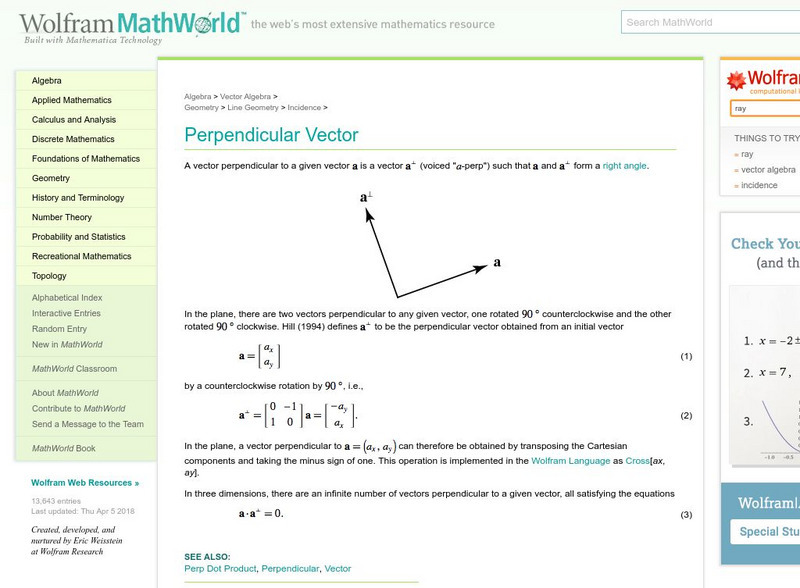 Wolfram Math World: Perpendicular Vectors Handout Wolfram Math World: Perpendicular Vectors Handout
