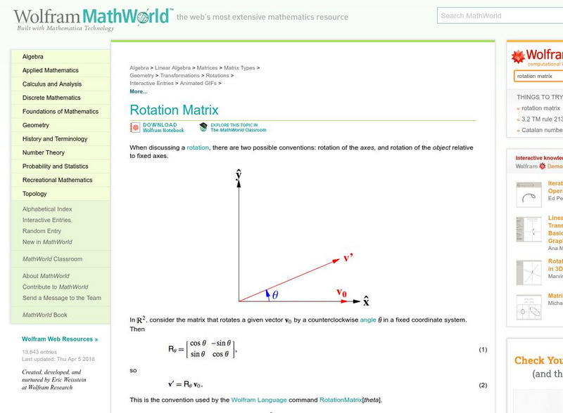 Wolfram Math World: Rotational Transformation Matrix Handout Wolfram Math World: Rotational Transformation Matrix Handout