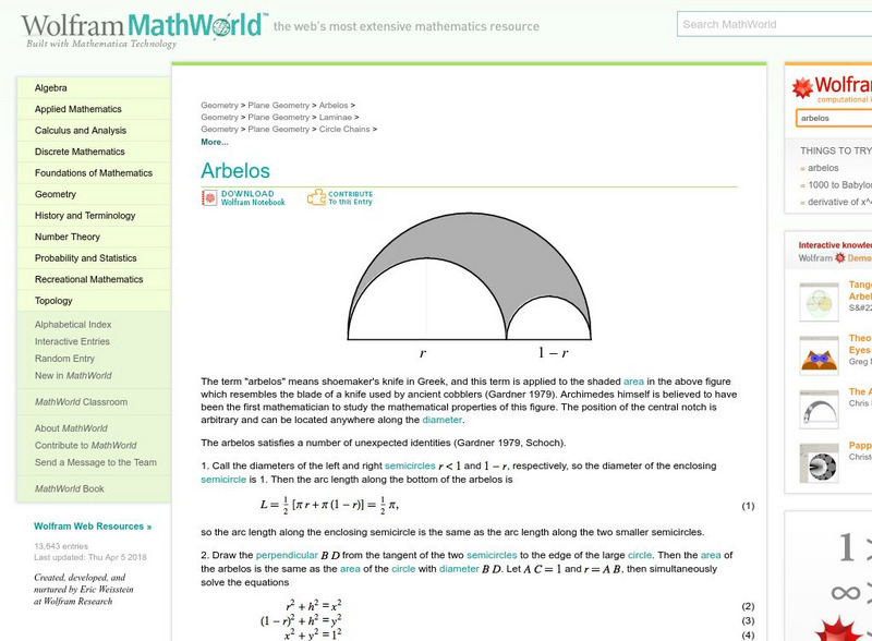 Wolfram Math World: Arbelos Handout
