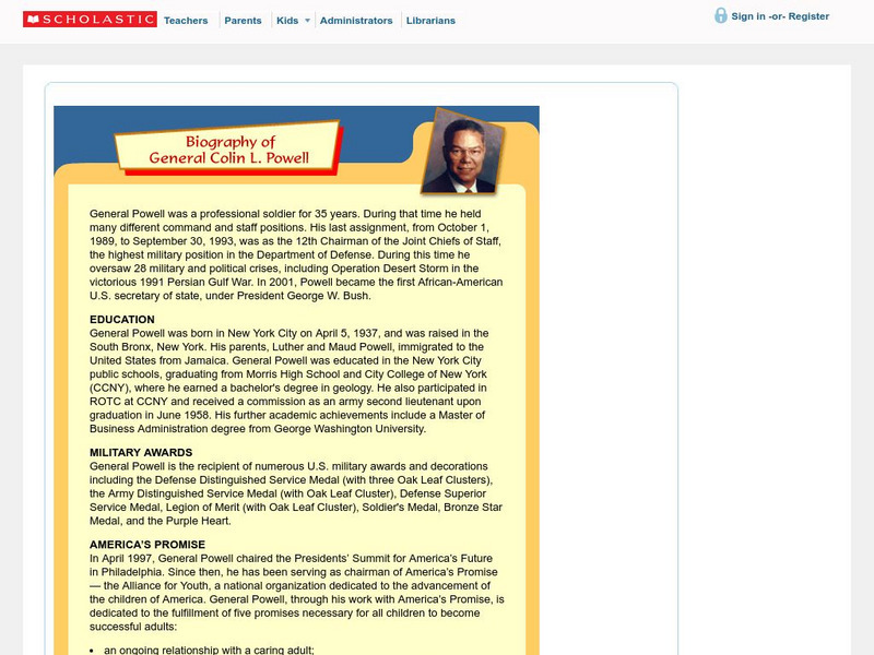 Scholastic: Biography of General Colin L. Powell Handout Scholastic: Biography of General Colin L. Powell Handout