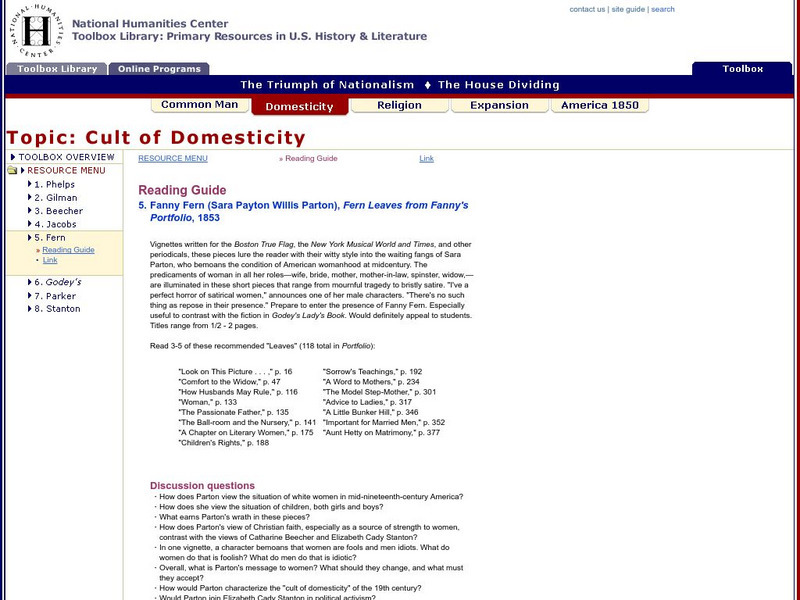 National Humanities Center: Toolbox Library: Cult of Domesticity: Fanny Fern: Fern Leaves From Fanny's Portfolio Primary National Humanities Center: Toolbox Library: Cult of Domesticity: Fanny Fern: Fern Leaves From Fanny's Portfolio Primary