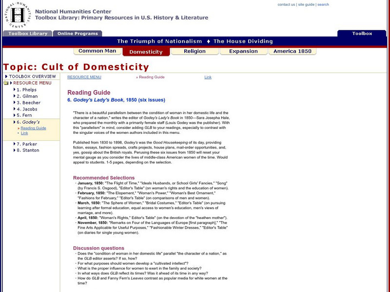 National Humanities Center: Toolbox Library: Cult of Domesticity: Godey's Lady's Book, 1850 Primary National Humanities Center: Toolbox Library: Cult of Domesticity: Godey's Lady's Book, 1850 Primary