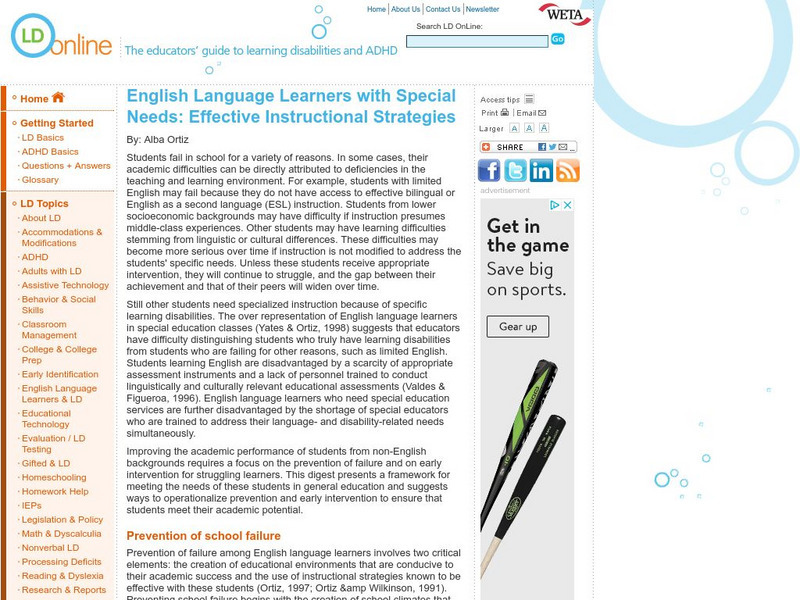 Ld Online: English Language Learners With Special Needs Article Ld Online: English Language Learners With Special Needs Article