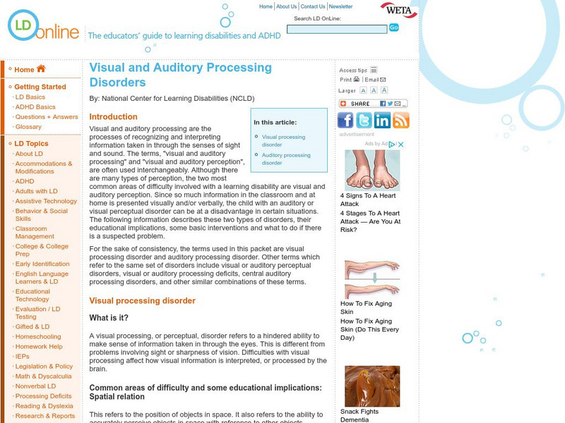 Ld Online: Visual and Auditory Processing Disorders Professional Doc Ld Online: Visual and Auditory Processing Disorders Professional Doc