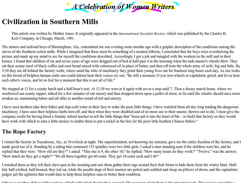 A Celebration of Women Writers: Civilization in Southern Mills Article