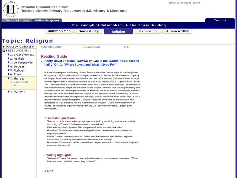 National Humanities Center: Toolbox Library: Religion: Henry David Thoreau Primary National Humanities Center: Toolbox Library: Religion: Henry David Thoreau Primary