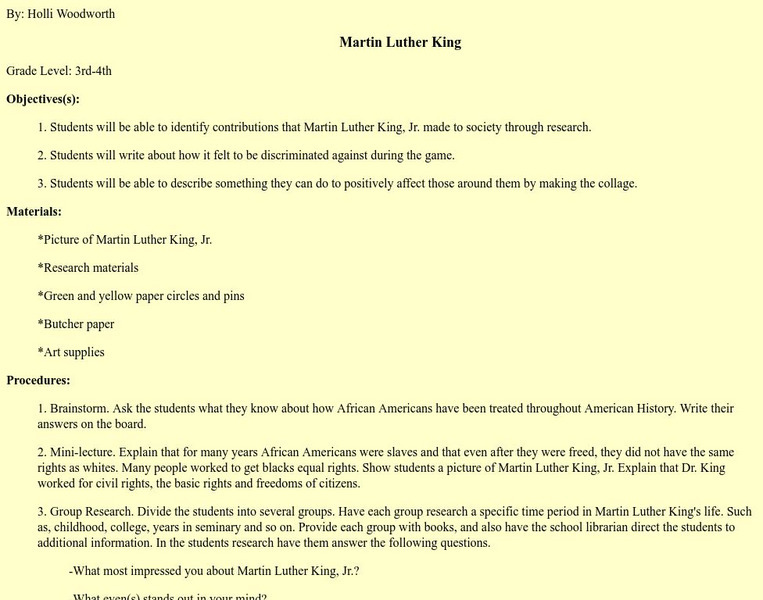 Teacher Link: Martin Luther King Lesson Plan Teacher Link: Martin Luther King Lesson Plan