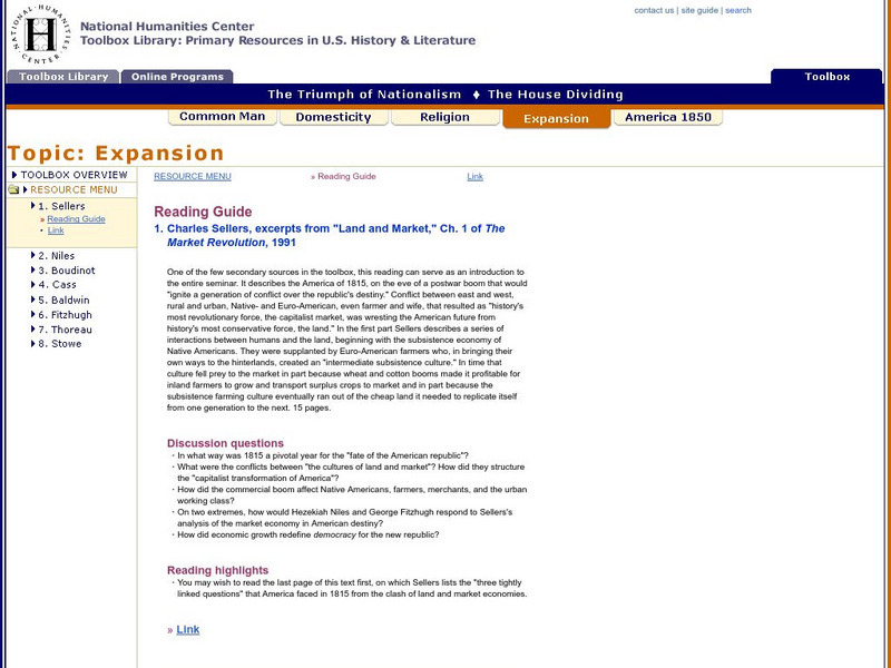 National Humanities Center: Toolbox Library: Charles Sellers: Triumph of Nationalism: America, 1815 1850 Activity National Humanities Center: Toolbox Library: Charles Sellers: Triumph of Nationalism: America, 1815 1850 Activity
