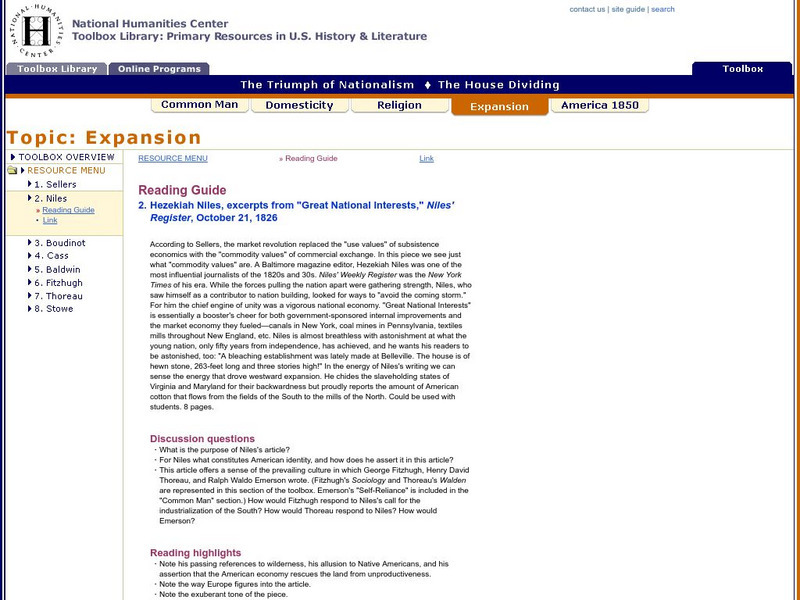 National Humanities Center: Toolbox Library: Hezekiah Niles: Triumph of Nationalism: America, 1815 1850 Primary National Humanities Center: Toolbox Library: Hezekiah Niles: Triumph of Nationalism: America, 1815 1850 Primary