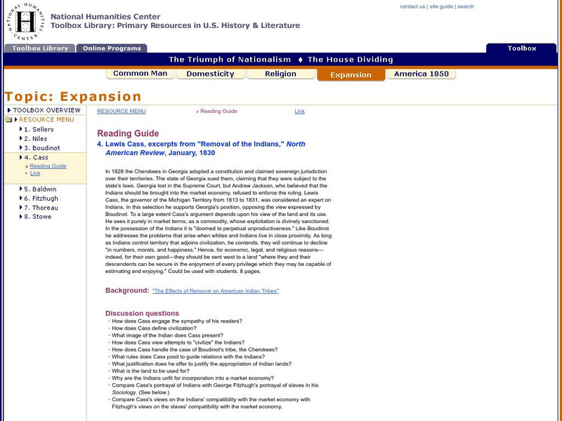 National Humanities Center: Toolbox Library: Lewis Cass: Triumph of Nationalism: America, 1815 1850 Primary National Humanities Center: Toolbox Library: Lewis Cass: Triumph of Nationalism: America, 1815 1850 Primary