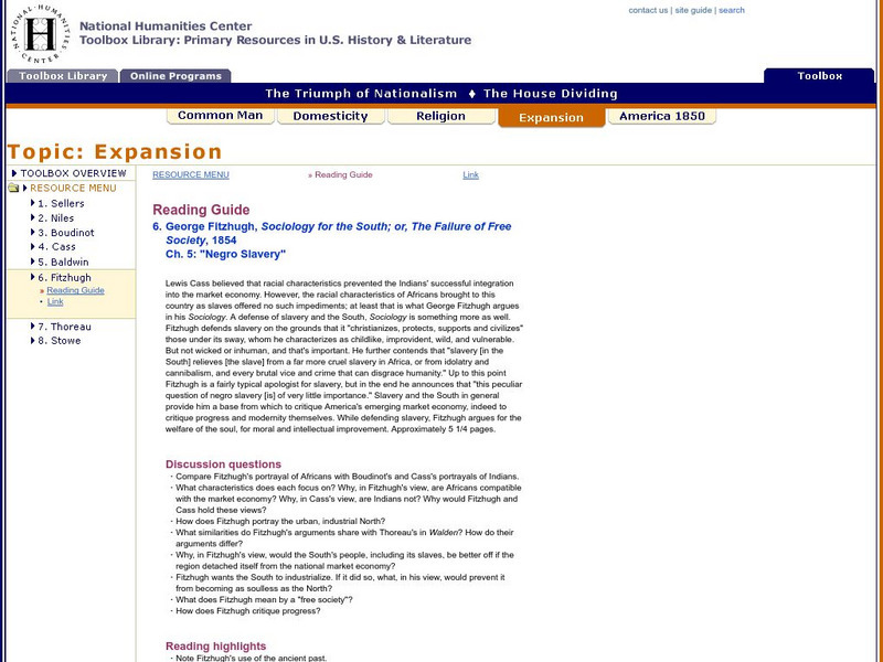 National Humanities Center: Toolbox Library: Reading Guide: George Fitzhugh: Chap. 5, "Negro Slavery" Primary National Humanities Center: Toolbox Library: Reading Guide: George Fitzhugh: Chap. 5, "Negro Slavery" Primary