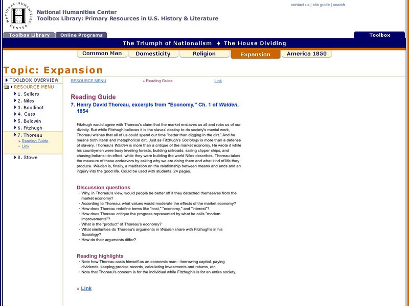 National Humanities Center: Toolbox Library: Henry David Thoreau, Excerpts From "Economy," Ch. 1 of Walden, 1854 Primary National Humanities Center: Toolbox Library: Henry David Thoreau, Excerpts From "Economy," Ch. 1 of Walden, 1854 Primary